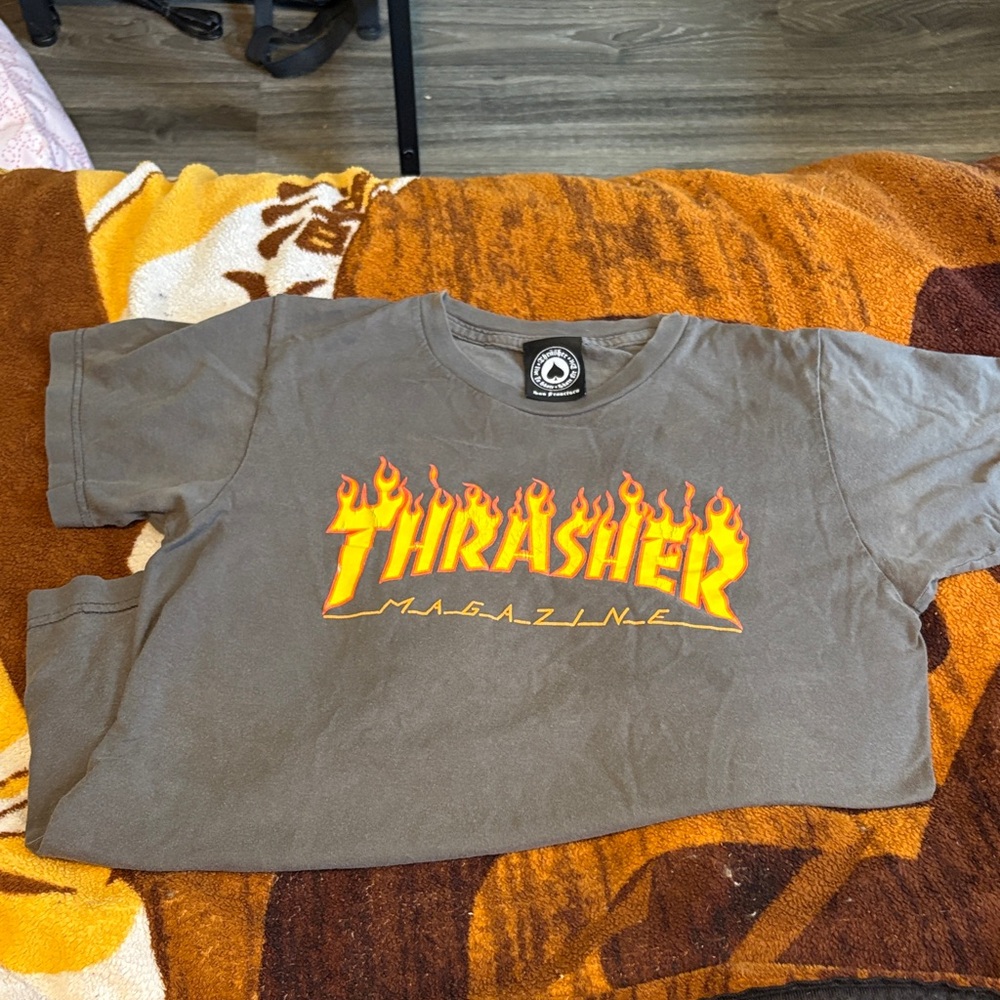 Thrasher Black Tee with Yellow & Orange Flame Logo